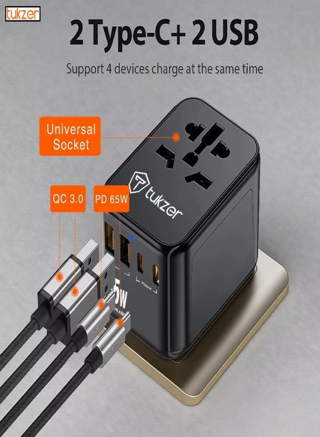 توكزر محول سفر عالمي من توكزر بقوة 65 واط، محول شحن سريع بتقنية GaN مزود بمنفذي Type-C ومنفذ USB واحد، مقبس عالمي، محول سفر دولي شامل لشحن أجهزة الكمبيوتر المحمولة/ماك بوك والهواتف المحمولة - أسود - Image 5